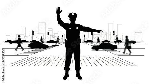 Dynamic monochrome illustration of a traffic police officer directing urban flow amidst pedestrians and cars on a busy city crosswalk scene