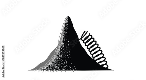 A stylized, high-contrast illustration of a dark, conical mountain peak with a textured side, featuring a large black coiled spring on its slope.