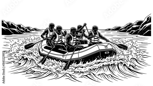 White water rafting adventure with a team paddling a raft through rough waves