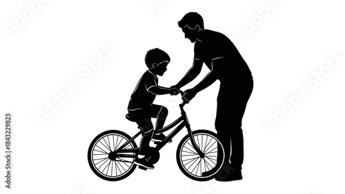 Silhouette of a supportive parent guiding their child's first bicycle ride, symbolizing learning, growth, and the joy of shared milestones in life's journey