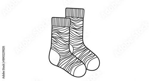 Two identical socks with wavy stripes and ribbed cuffs, depicted as a simple black and white line drawing.