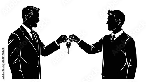 Two businessmen in silhouette exchanging keys, symbolizing agreement or property transfer