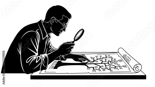 Man Examining Family Tree Diagram with Magnifying Glass - Geneology Research Concept