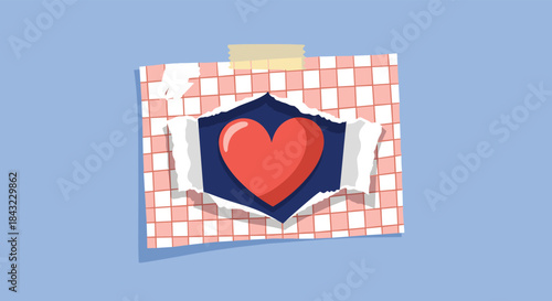 A piece of checkered paper is torn open, revealing a vibrant red heart on a dark blue background, symbolizing love and discovery.