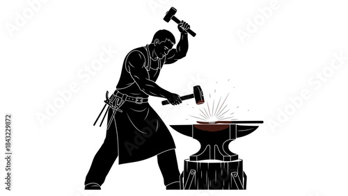 Powerful illustration of a determined blacksmith forging glowing metal on an anvil with hammers, symbolizing traditional craftsmanship, industrial strength, and focused labor