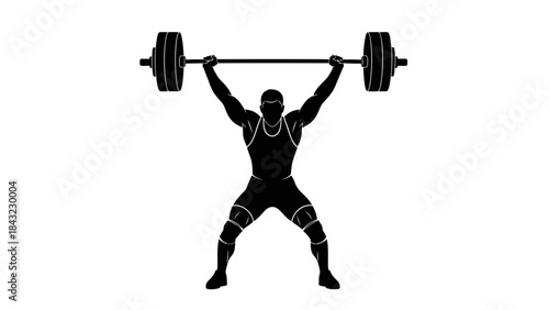 Powerful weightlifter silhouette showcasing immense strength and achievement with a barbell overhead, ideal for fitness, sport, and exercise themes representing dedication and peak performance