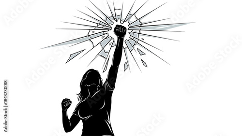 Powerful Silhouette of a Woman's Raised Fist Breaking Through a Shard of Glass, Symbolizing Resilience, Strength, and Overcoming Obstacles