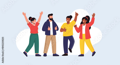 Diverse group of happy individuals celebrating success and achievement with positive gestures and enthusiasm.