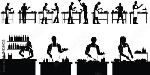 Professional kitchen silhouettes showing chefs cooking, chopping, plating, and preparing food in culinary school and restaurant environments, black vector set.