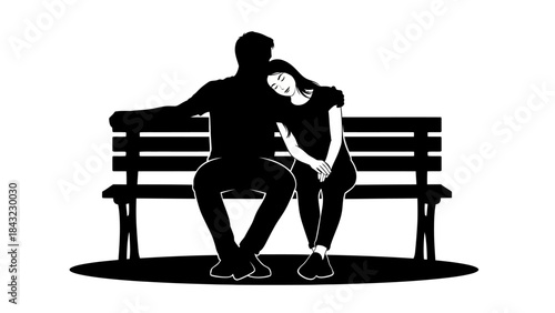 A couple sitting on a bench, with one person resting their head on the other's shoulder