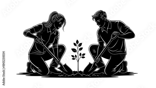 Man and woman collaboratively planting a sapling, representing a shared dedication to ecological preservation and future growth