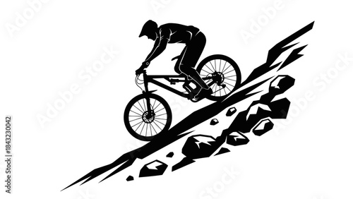 Dynamic silhouette of a mountain biker descending a steep, rocky trail, capturing the thrilling essence of extreme downhill cycling adventure