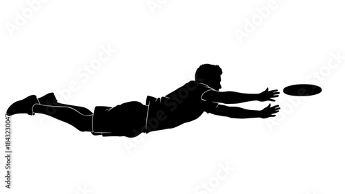 Silhouette of an athlete diving to catch a flying disc during a sports competition