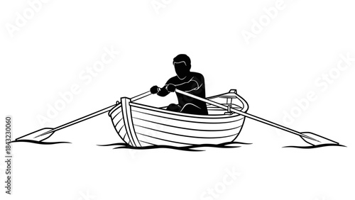 Rowboat illustration of a person rowing a small boat with oars on a body of water