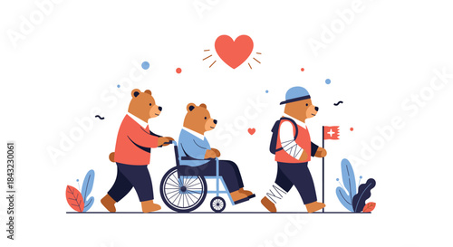 Three cartoon bears demonstrate support and recovery: one pushes a wheelchair, another sits, and a third walks with bandages and a flag.