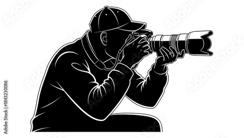 Dynamic silhouette illustration of a dedicated photographer with telephoto lens, expertly capturing the perfect shot