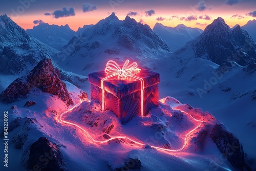 Glowing Neon Gift Box in Snowy Mountain Landscape at Dusk, Generative AI.