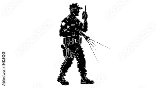 Vigilant security professional silhouette on patrol with flashlight and radio, representing safety and law enforcement duties