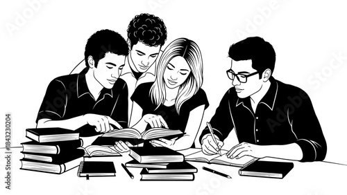 Group of young students diligently collaborating on their academic studies, surrounded by stacks of books, highlighting teamwork and shared pursuit of knowledge