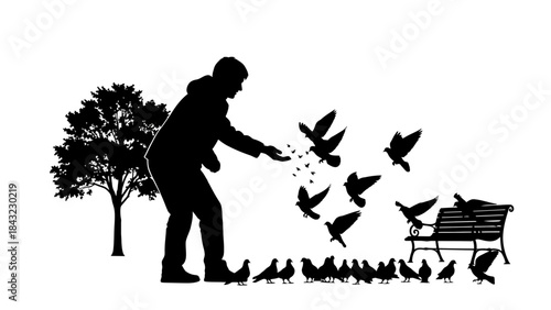 A silhouette of a person feeding pigeons in a park, with a tree and bench in the background, conveying a sense of community and nature