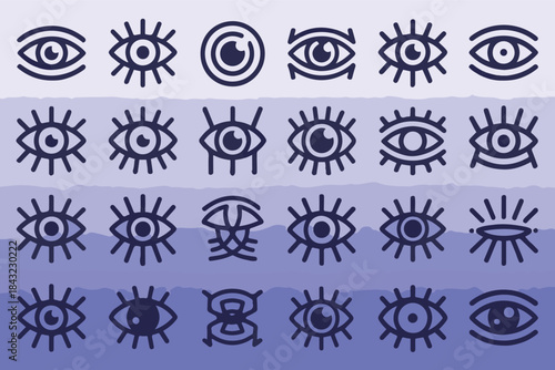 Collection of outlined eye symbols with lashes on gradient blue background