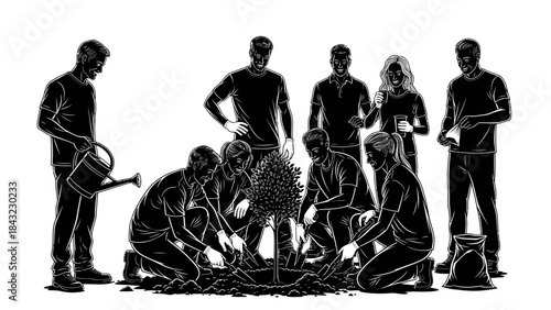 Community volunteers collaboratively planting a young tree, fostering environmental stewardship, sustainability, and green initiatives for a better future