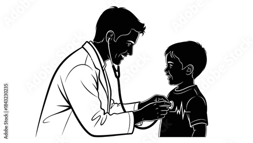 Compassionate Pediatrician Performing a Routine Medical Check-up on a Young Boy with a Stethoscope for Child Health