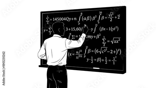 Illustration of a dedicated academic figure meticulously solving complex mathematical equations on a traditional blackboard, symbolizing education and analytical thought