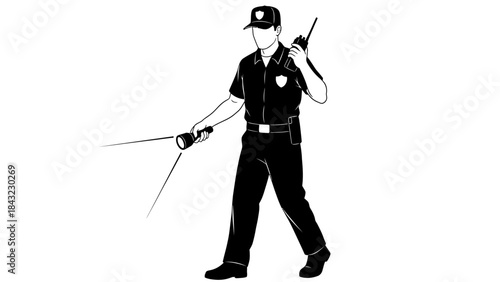 Professional security guard on duty, equipped with a flashlight and radio for surveillance and protection, ensuring safety