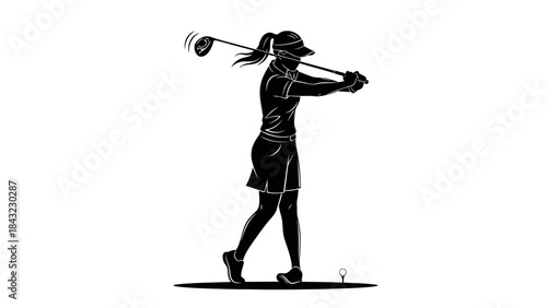 Silhouette of a Female Golfer Swinging a Club During a Golf Game