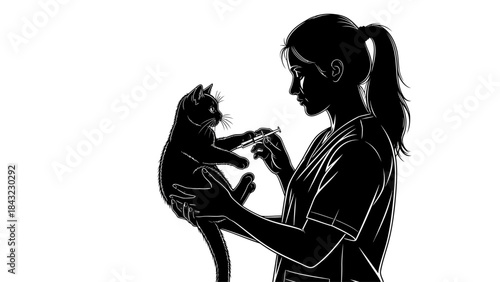 Veterinary professional gently administering vital vaccination to a domestic cat, a striking silhouette depicting essential pet care and animal welfare