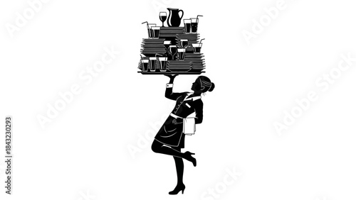 Graceful waitress balancing an impossible stack of restaurant essentials on her head, showcasing skill and dedication in hospitality service