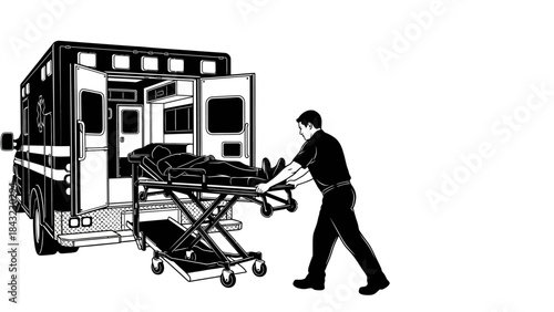 Paramedic pushing patient on stretcher into ambulance, emergency medical services illustration