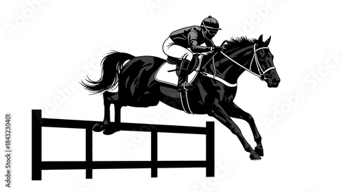 Equestrian athlete clearing a fence on horseback during a competitive race