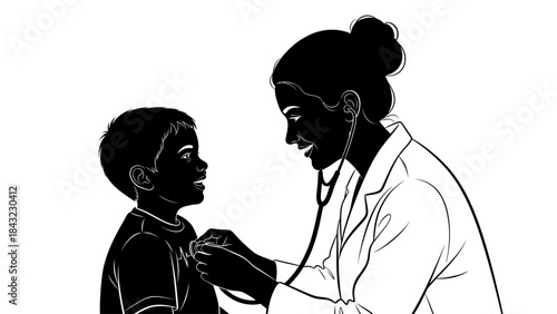 Doctor examining a young patient with a stethoscope, illustration of healthcare