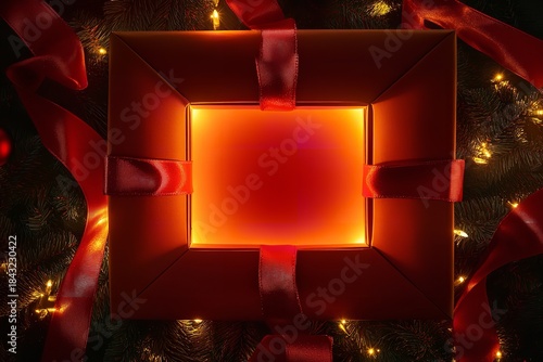 Glowing Red Christmas Gift Box with Festive Lights and Ribbons, Generative AI.