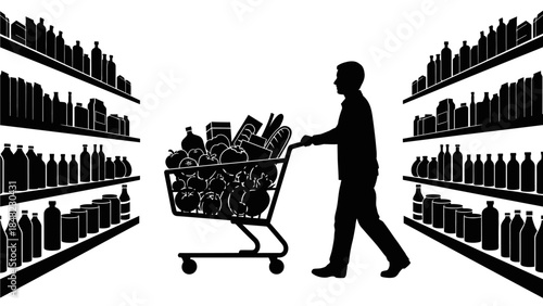 Silhouette of a person pushing a shopping cart filled with groceries down an aisle in a supermarket