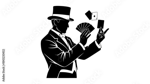 Magician in Tuxedo Performing Card Tricks with Floating Playing Cards on Black Background