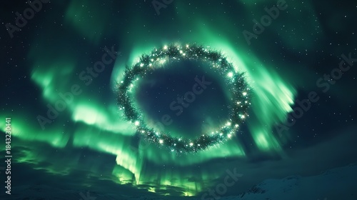 Magical Aurora Borealis Swirl with Glowing Circle of Lights, Generative AI.