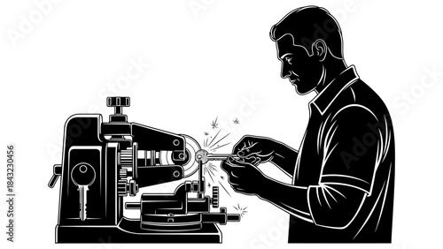 Skilled craftsman duplicating a key using a specialized cutting machine in a workshop