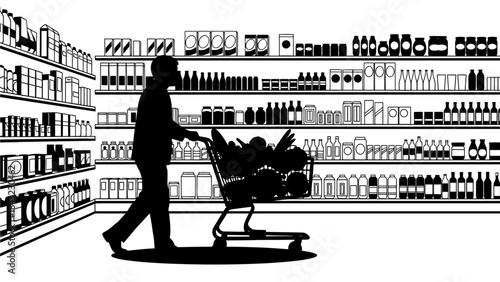 Modern monochrome graphic of a person pushing a loaded shopping cart in a supermarket aisle, illustrating consumer activity and retail experience