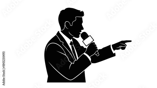 Dynamic silhouette of a male professional speaker holding a microphone and pointing, symbolizing public address, broadcast, and communication
