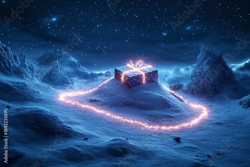 Magical Christmas Gift in Snowy Landscape Under Starry Night Sky, Generative AI.