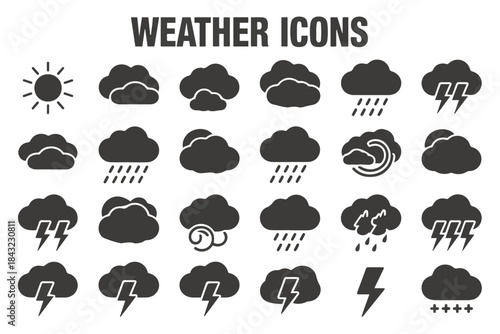 Set of black weather icons including sun clouds rain and lightning on white