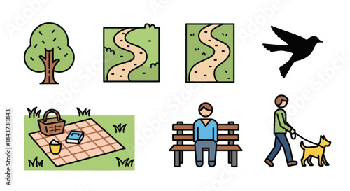 Collection of park and outdoor activity icons including a tree paths picnic bird bench and people walking dogs.