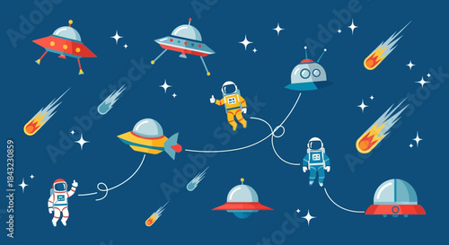 Space Adventure - Astronauts, UFOs, and Comets in a Cosmic Scene.