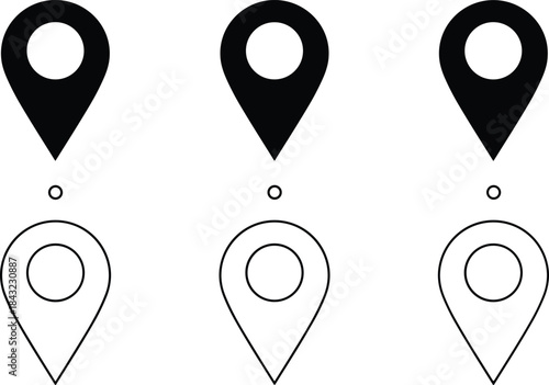 Set of six vector map pointer icons in silhouette and outline styles for location navigation and gps tracking system