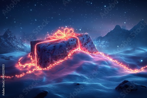 Magical Glowing Gift Box in Snowy Mountain Landscape at Night, Generative AI.