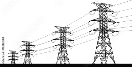 High-voltage transmission towers in perspective, lattice steel structure with power lines for electricity, infrastructure, energy, engineering, and utility design