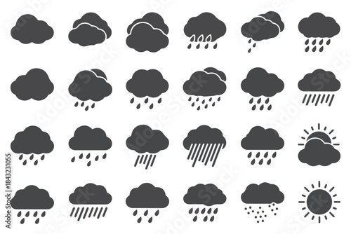 Comprehensive collection of black weather icons depicting clouds sun and various rainfall